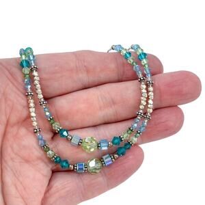 Estate Artisan Sterling Silver 925 Blue Green Crystal Beaded Necklace 16.5"